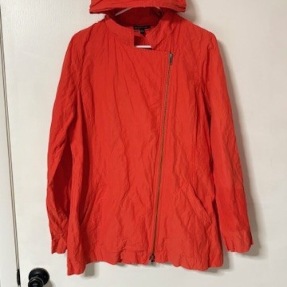 Eileen Fisher Rumpled Cotton Steel Hooded Jacket Size Large Coral Red Full Zip
